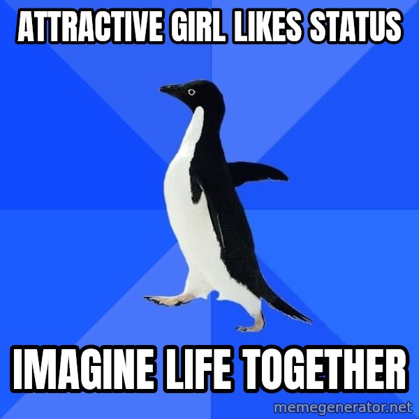 Socially Awkward Penguin meme: attractive girl likes status / imagine life together