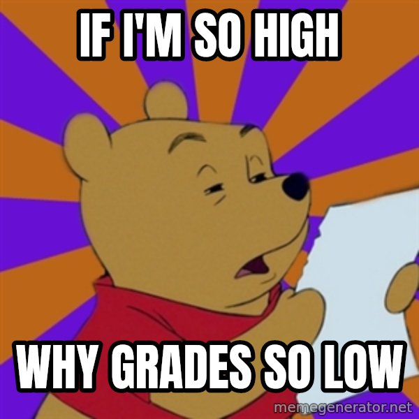 Skeptical Pooh meme: If I'm so high / why grades so low