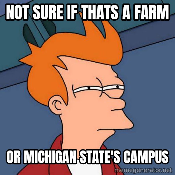 Futurama Fry meme: Not Sure if thats a farm / or Michigan state's campus
