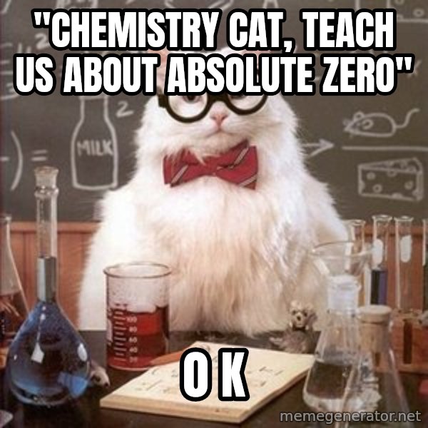 Chemistry Cat meme: "Chemistry Cat, teach us about absolute zero" / 0 k