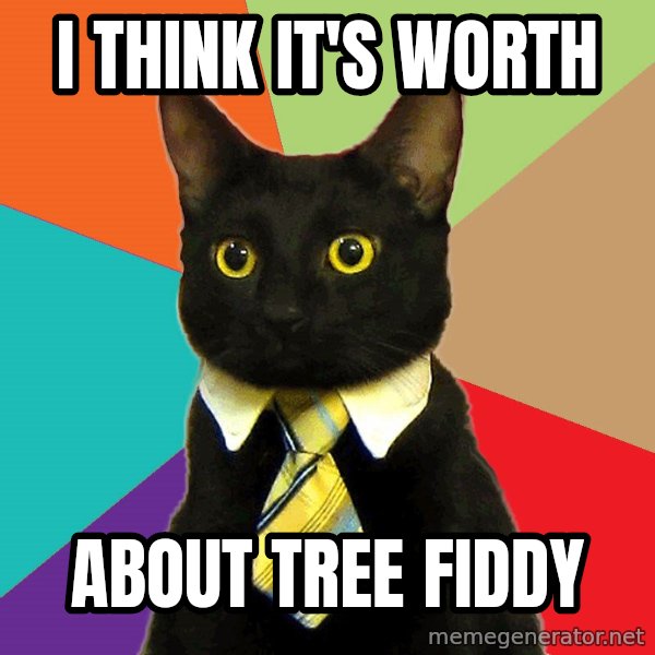 Business Cat meme: I think it's worth / about tree fiddy