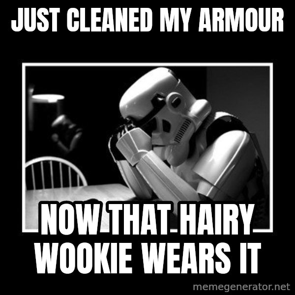 Sad Trooper meme: just cleaned my armour / now that hairy wookie wears it