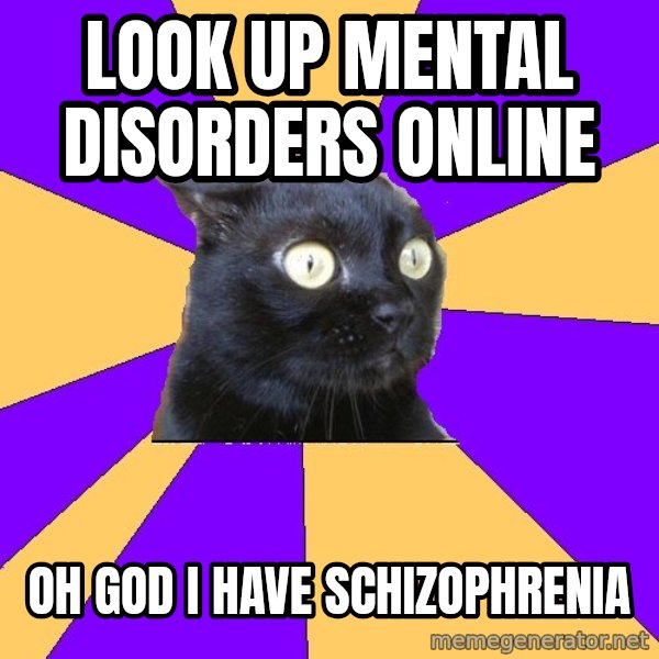 Anxiety Cat meme: look up mental DISORDERs online / oh god i have schizophrenia