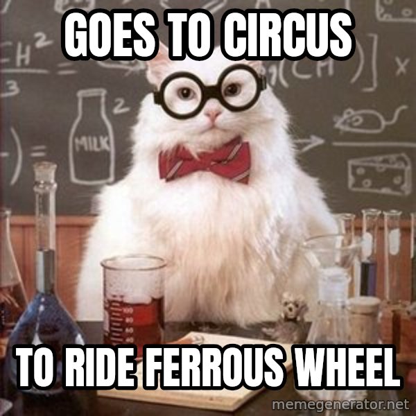 Chemistry Cat meme: Goes to circus / to ride ferrous wheel