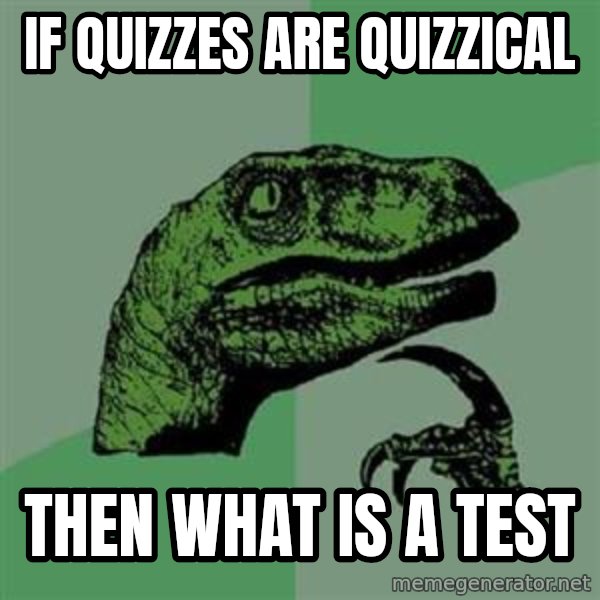 Philosoraptor meme: If quizzes are quizzical / then what is a test