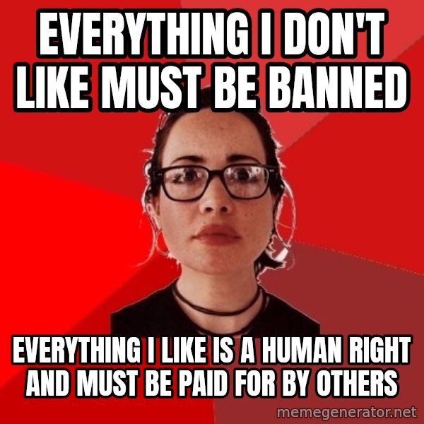 Liberal Douche Garofalo meme: Everything I don't like must be banned / Everything I like is a human right and must be paid for by others