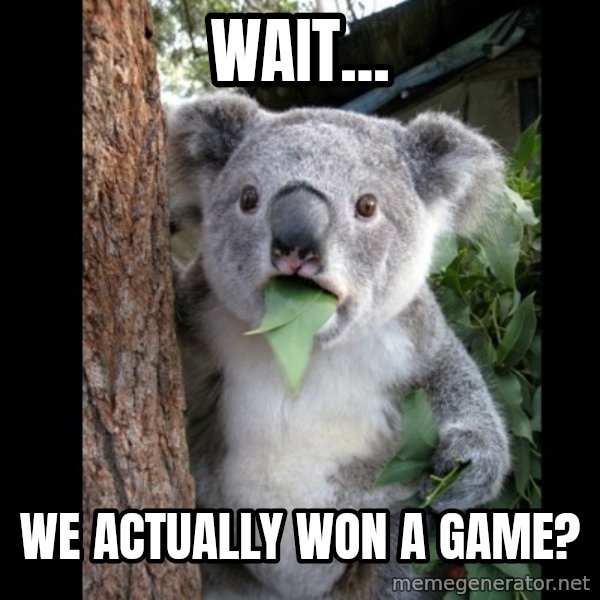 Koala can't believe it meme: wait... / we actually won a game?