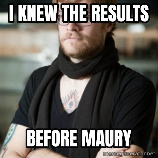 hipster Barista meme: I knew the results / Before Maury