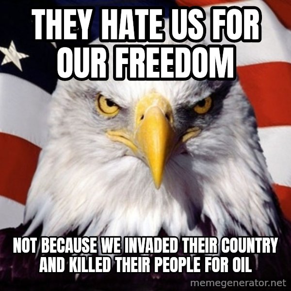 American Pride Eagle meme: They hate us for our freedom / not because we invaded their country and killed their people for oil