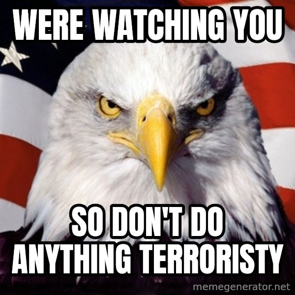 American Pride Eagle meme: Were watching you / so don't do anything terroristy