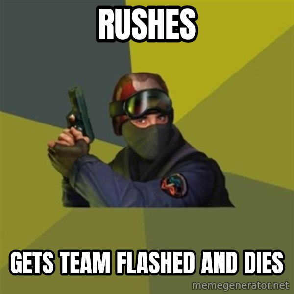 Counter Strike meme: RUSHES / GETS TEAM FLASHED AND DIES