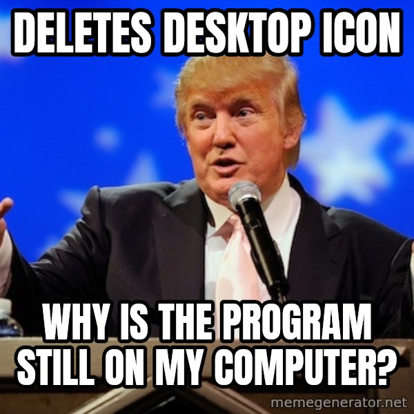 Annoying Facebook Girl meme: DeLetes desktop icon / Why is the program still on my computer?
