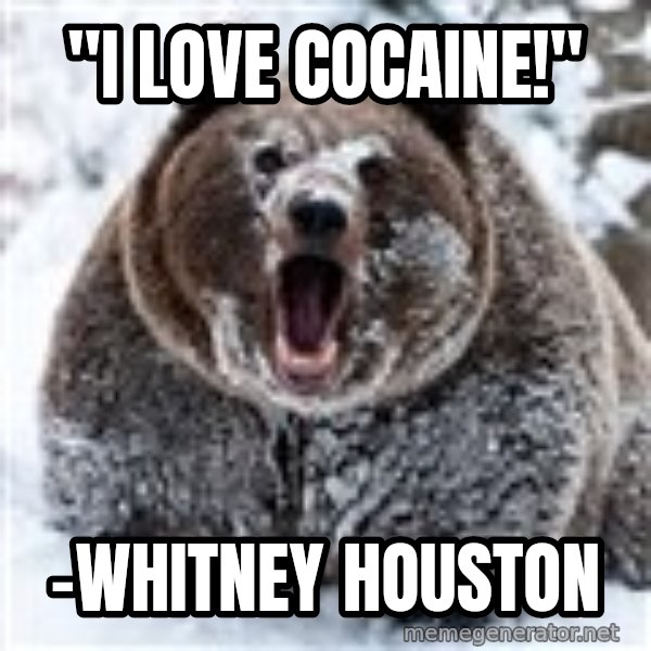 Clean Cocaine Bear meme: "I LOVE COCAINE!" / -Whitney Houston