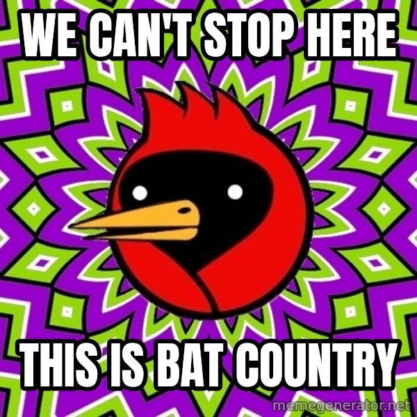 Omsk Crow meme: We can't stop here / This is bat country