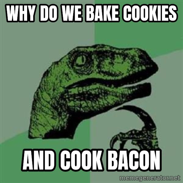 Philosoraptor meme: WHY DO WE BAKE COOKIES / AND COOK BACON