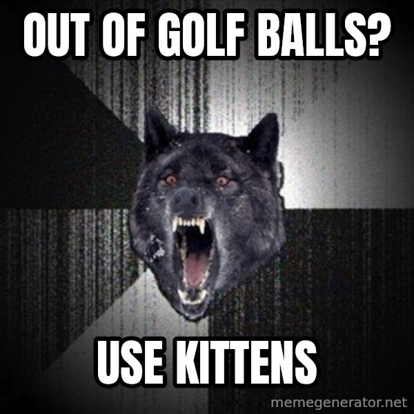 Insanity Wolf meme: OUT OF Golf balls? / USE KITTENS