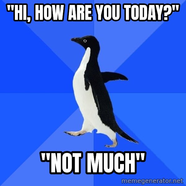 Socially Awkward Penguin meme: "Hi, How are you Today?" / "Not Much"