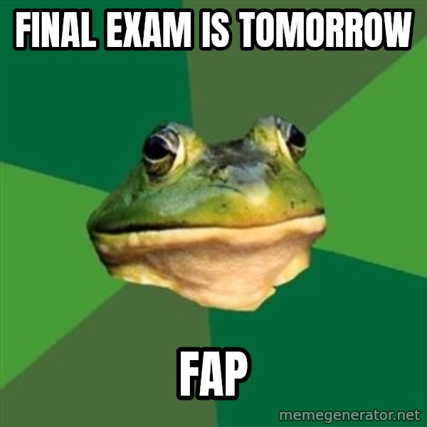 Foul Bachelor Frog meme: final exam is tomorrow / fap