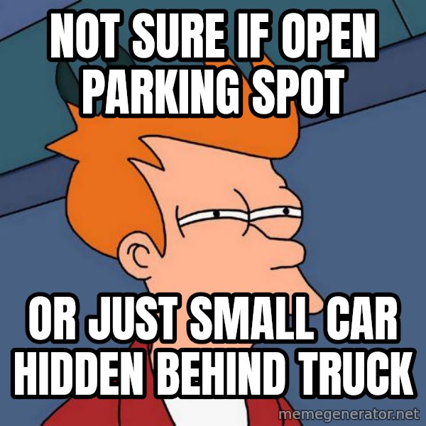 Futurama Fry meme: Not sure if open parking spot / or just small car hidden behind truck