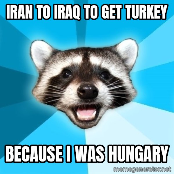 Lame Pun Coon meme: iran to iraq to get turkey / because i was hungary