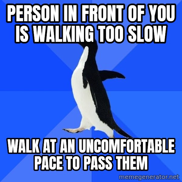 Socially Awkward Penguin meme: Person in front of you is walking too slow / walk at an uncomfortable pace to pass them