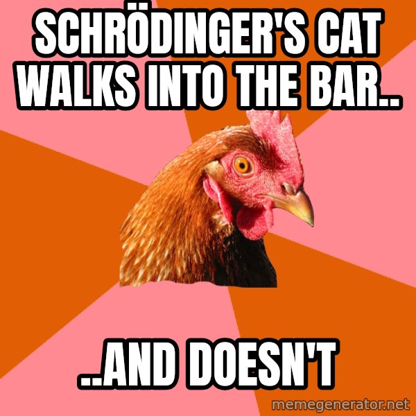 Anti Joke Chicken meme: Schrödinger's cat walks into the bar.. / ..and doesn't