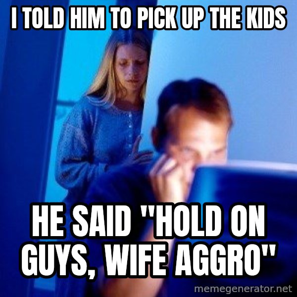 Internet Husband meme: I told him to pick up the kids / he said "hold on guys, wife aggro"