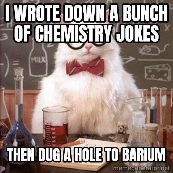 Chemistry Cat meme: I wrote down a bunch of chemistry jokes / then dug a hole to barium