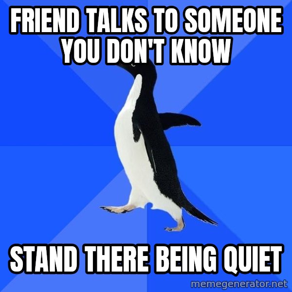Socially Awkward Penguin meme: friend talks to someone you don't know / stand there being quiet
