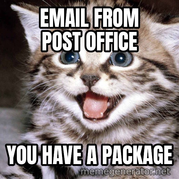 HAPPY KITTEN meme: EMAIL FROM post office / you have a package