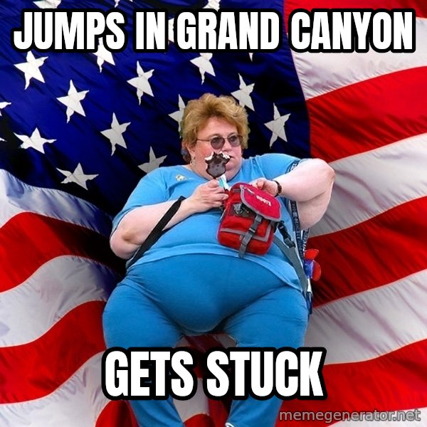 Obese American meme: Jumps in grand canyon / gets stuck