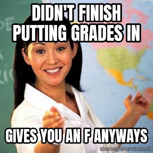 Unhelpful High School Teacher meme: didn't finish putting grades in / gives you an F anyways