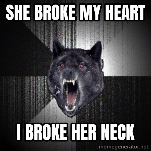 Insanity Wolf meme: she broke my heart / I broke her neck