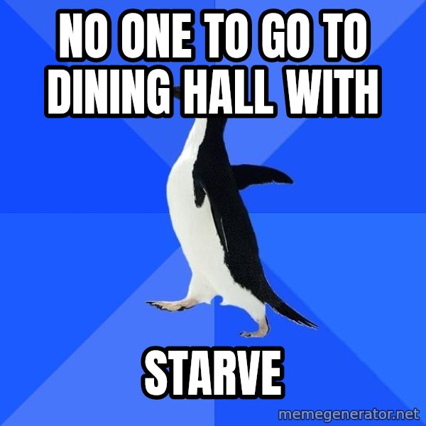 Socially Awkward Penguin meme: NO ONE TO GO TO DINING HALL WITH / sTARVE