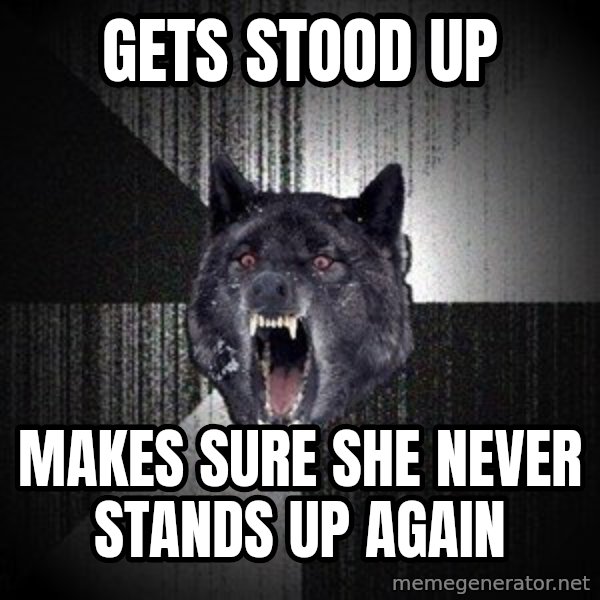 Insanity Wolf meme: gets stood up / makes sure she never stands up again