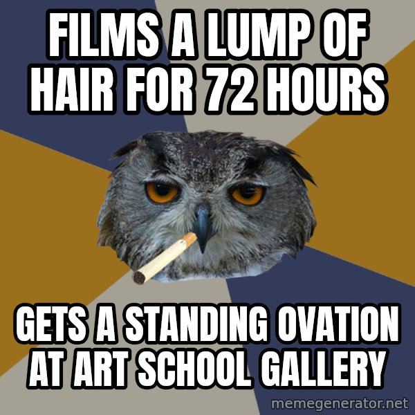Art Student Owl meme: fILMS A LUMP OF HAIR FOR 72 HOURS / GETS A STANDING OVATION AT ART SCHOOL GALLERY