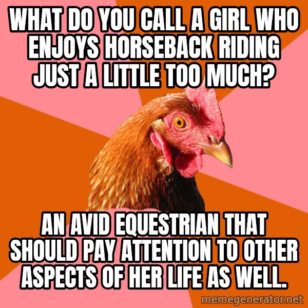 Anti Joke Chicken meme: what do you call a girl who enjoys horseback riding just a little too much? / an avid equestrian that should pay attention to other aspects of her life as well.