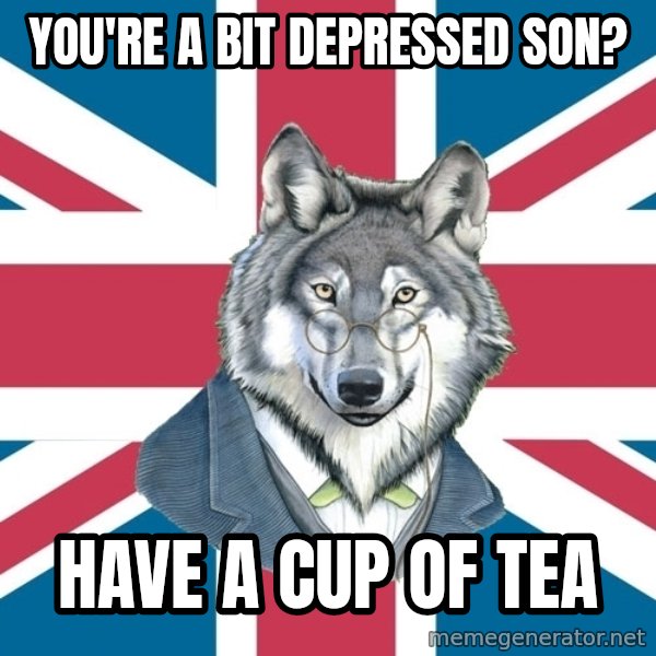 Sir Courage Wolf Esquire meme: You're a bit depressed son? / Have a cup of tea