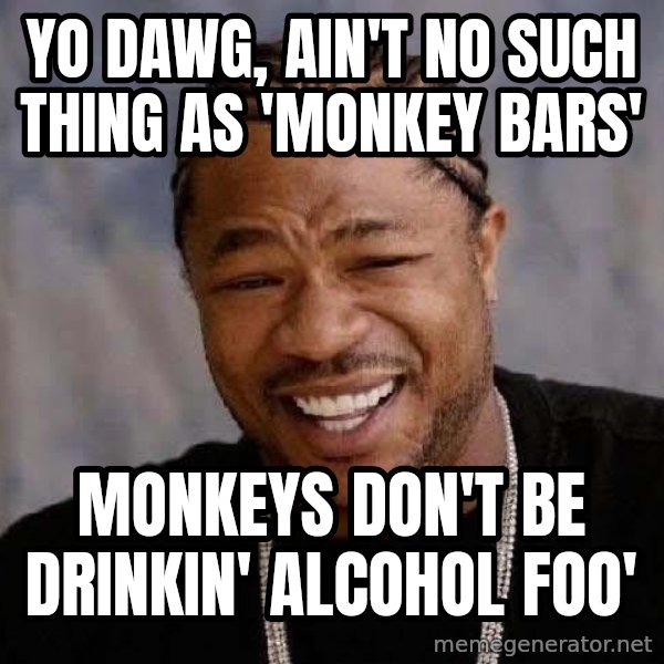 Yo Dawg meme: Yo dawg, ain't no such thing as 'monkey bars' / monkeys don't be drinkin' alcohol foo'