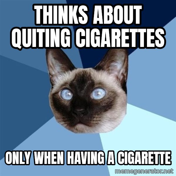 Chronic Illness Cat meme: thinks about quiting cigarettes / Only when having a cigarette