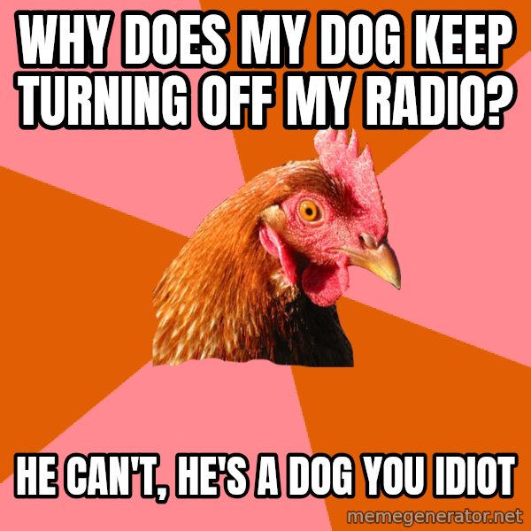 Anti Joke Chicken meme: why does my dog keep turning off my radio? / he can't, he's a dog you idiot