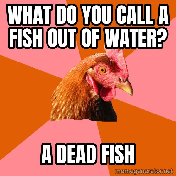 Anti Joke Chicken meme: what do you call a fish out of water? / a dead fish