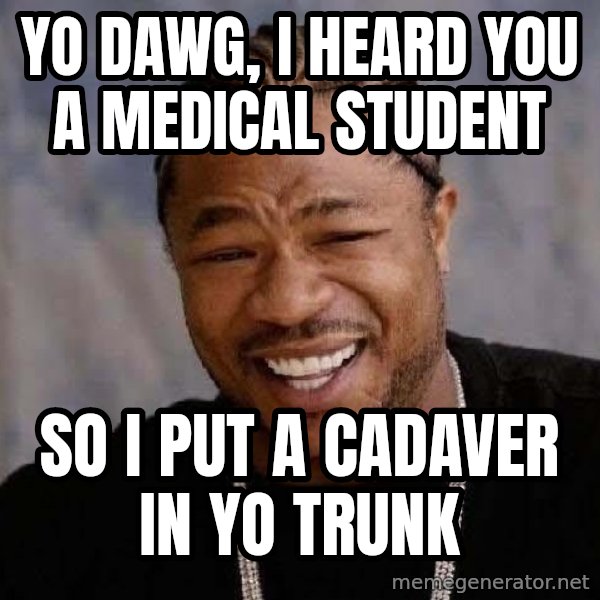 Yo Dawg meme: YO DAWG, I HEARD YOU A MEDICAL STUDENT / SO I PUT A CADAVER IN YO TRUNK