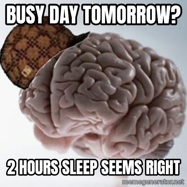 Scumbag Brain meme: Busy day tomorrow? / 2 hours sleep seems right