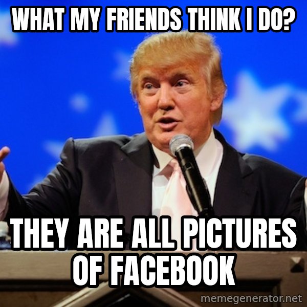 Annoying Facebook Girl meme: What my friends think I do? / they are all pictures of Facebook