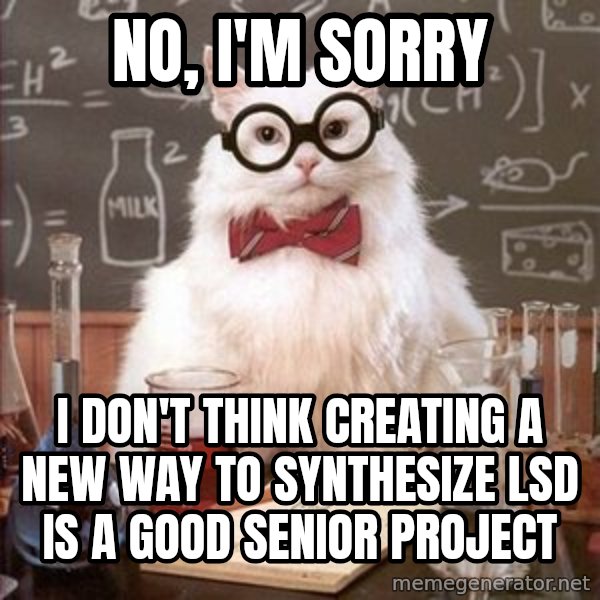 Chemistry Cat meme: no, i'm sorry / i don't think creating a new way to synthesize lsd is a good senior project