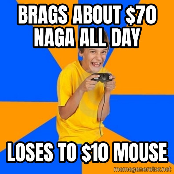 Annoying Gamer Kid meme: Brags about $70 Naga all day / loses to $10 mouse