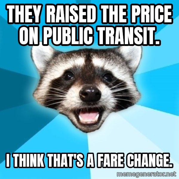 Lame Pun Coon meme: They raised the price on public transit. / I think that's a fare change.
