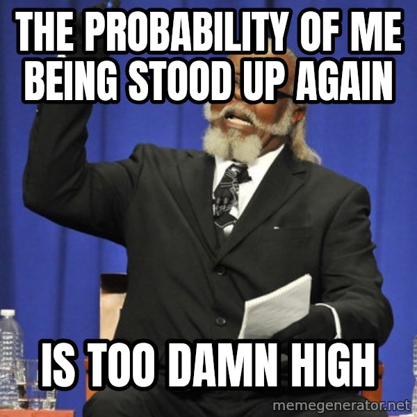Rent Is Too Damn High meme: The probability of me being stood up again / is too damn high