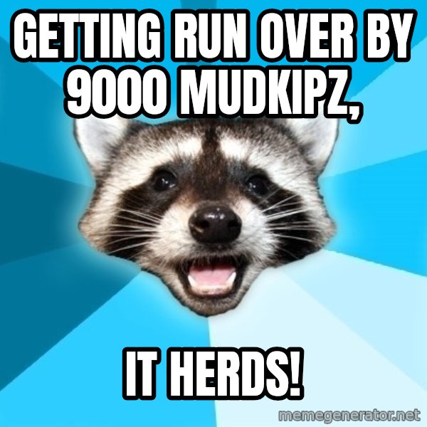 Lame Pun Coon meme: Getting run over by 9000 mudkipz, / it herds!